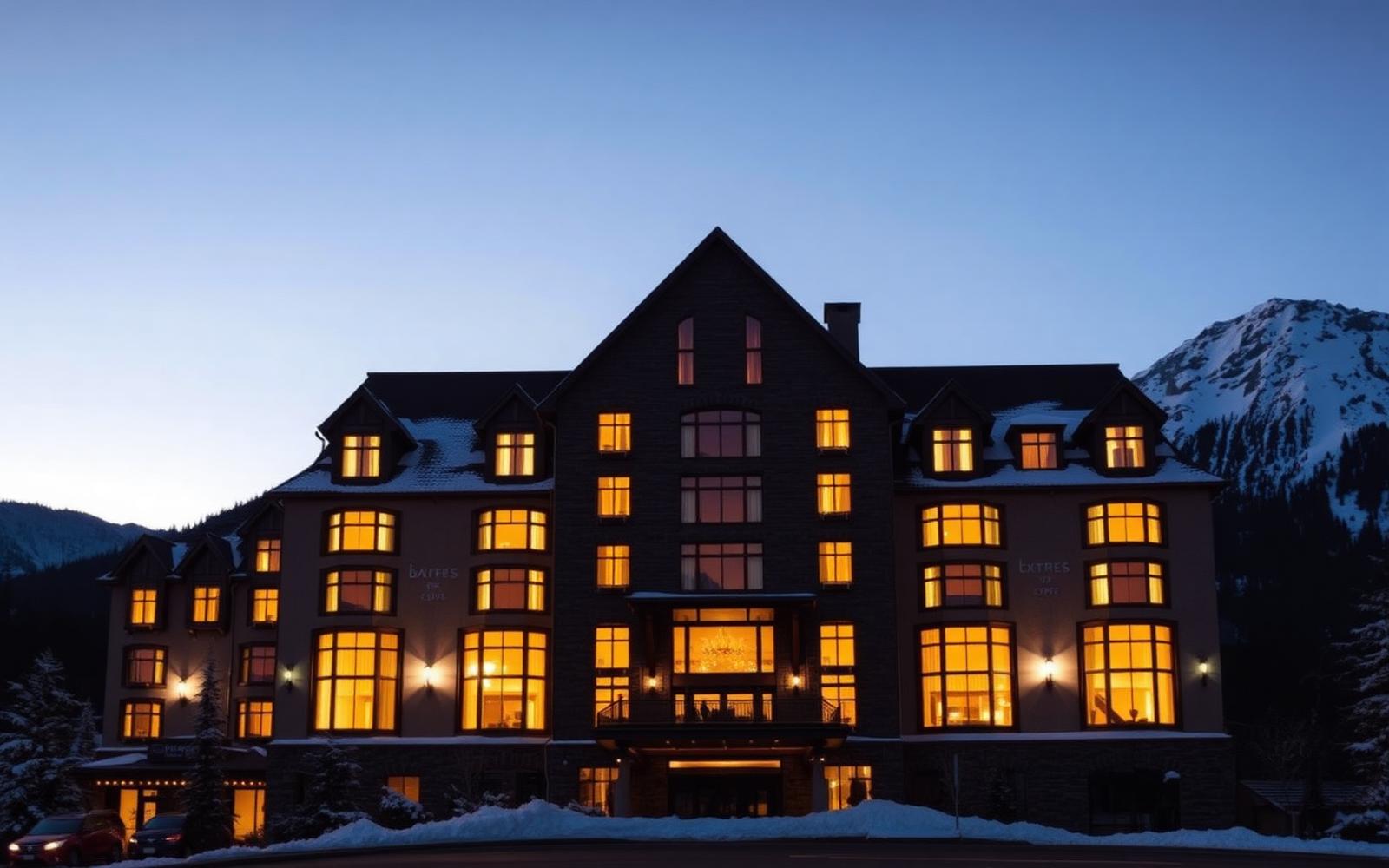 Luxury Banff mountain hotel at twilight